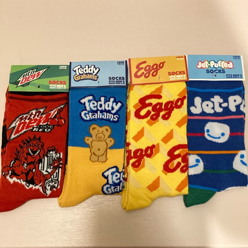 Men’s 4 Pack Junk Food Snacks Drinks Breakfast Theme Crew Socks Bundle